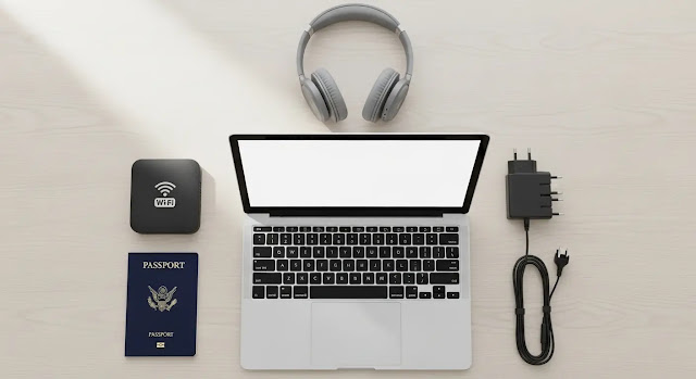 Essential digital nomad tools and gear flat lay with laptop, headphones, and travel adapter.