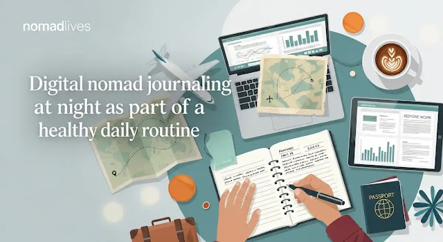 Digital nomad journaling at night as part of a healthy daily routine.