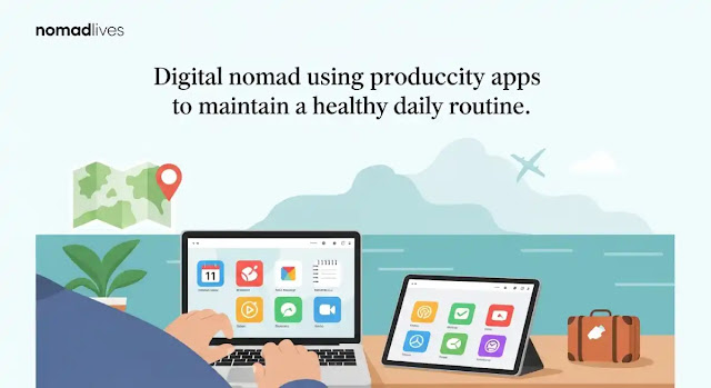 Digital nomad using productivity apps to maintain a healthy daily routine.