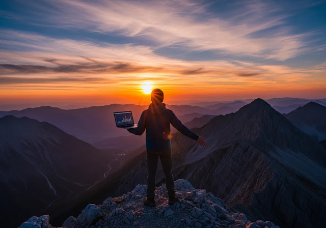 A person stands on a mountain peak at sunset, silhouetted against a vibrant sky, holding a laptop and looking out at a breathtaking panorama, embodying freedom and success.