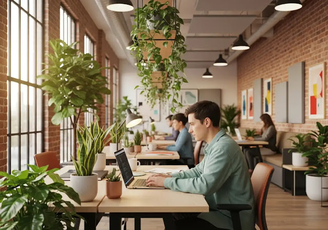 A person works diligently on a laptop in a vibrant, modern co-working space, surrounded by lush indoor plants and natural light.